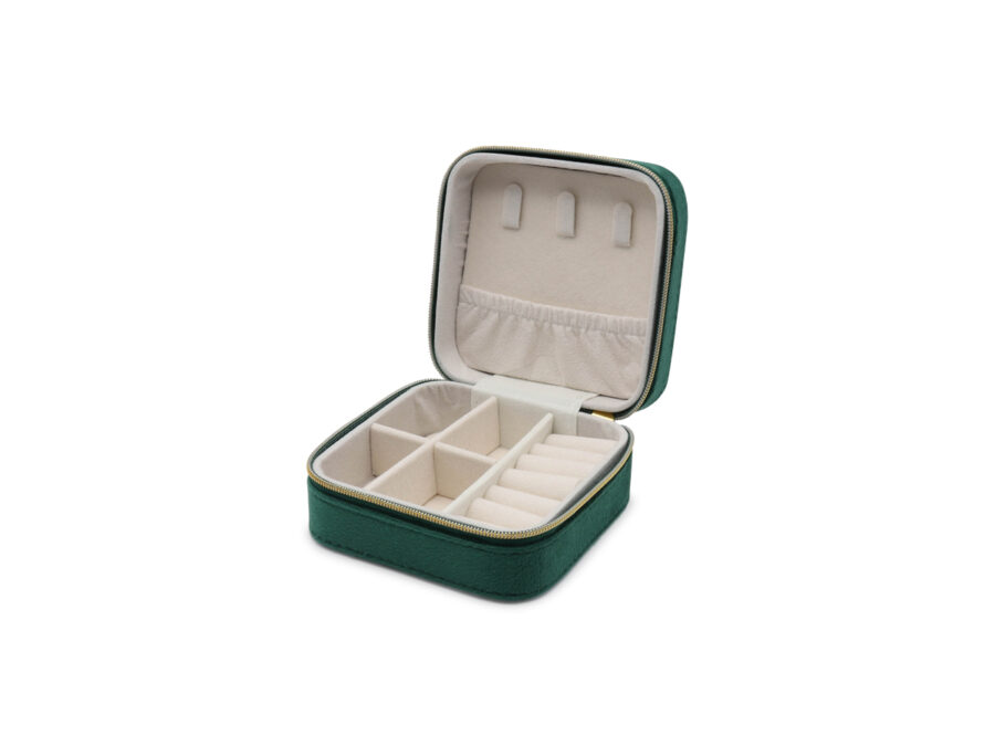 Picture of open compact Jewellery box in Green Velvet. Size 10cm x 10cm